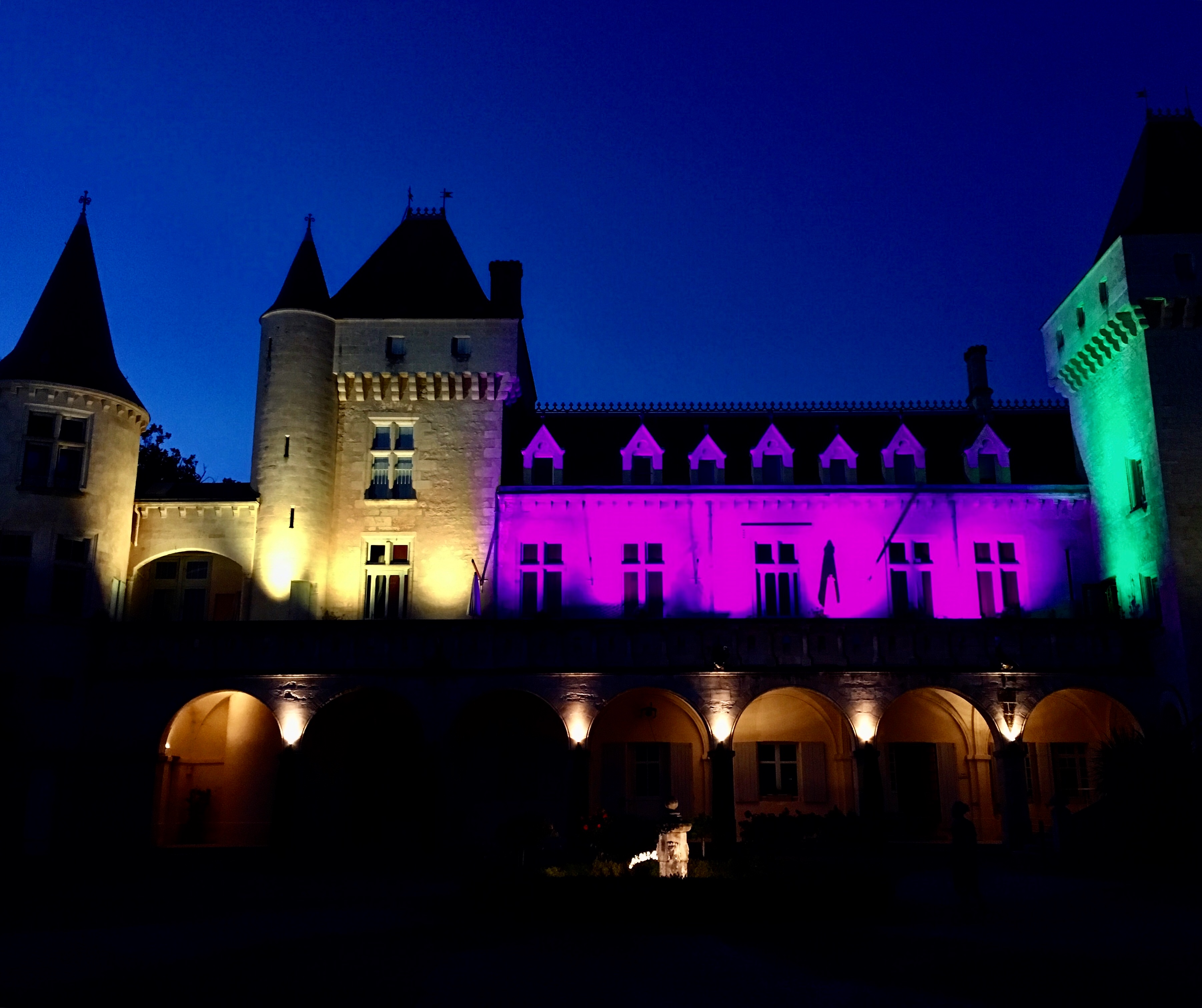 façade illuminée du Château de la Rivière